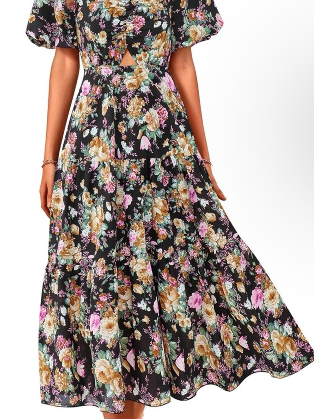 Floral Tiered Maxi Dress in Black with Pink & Cream Blooms (never worn) - Picture 3 of 7
